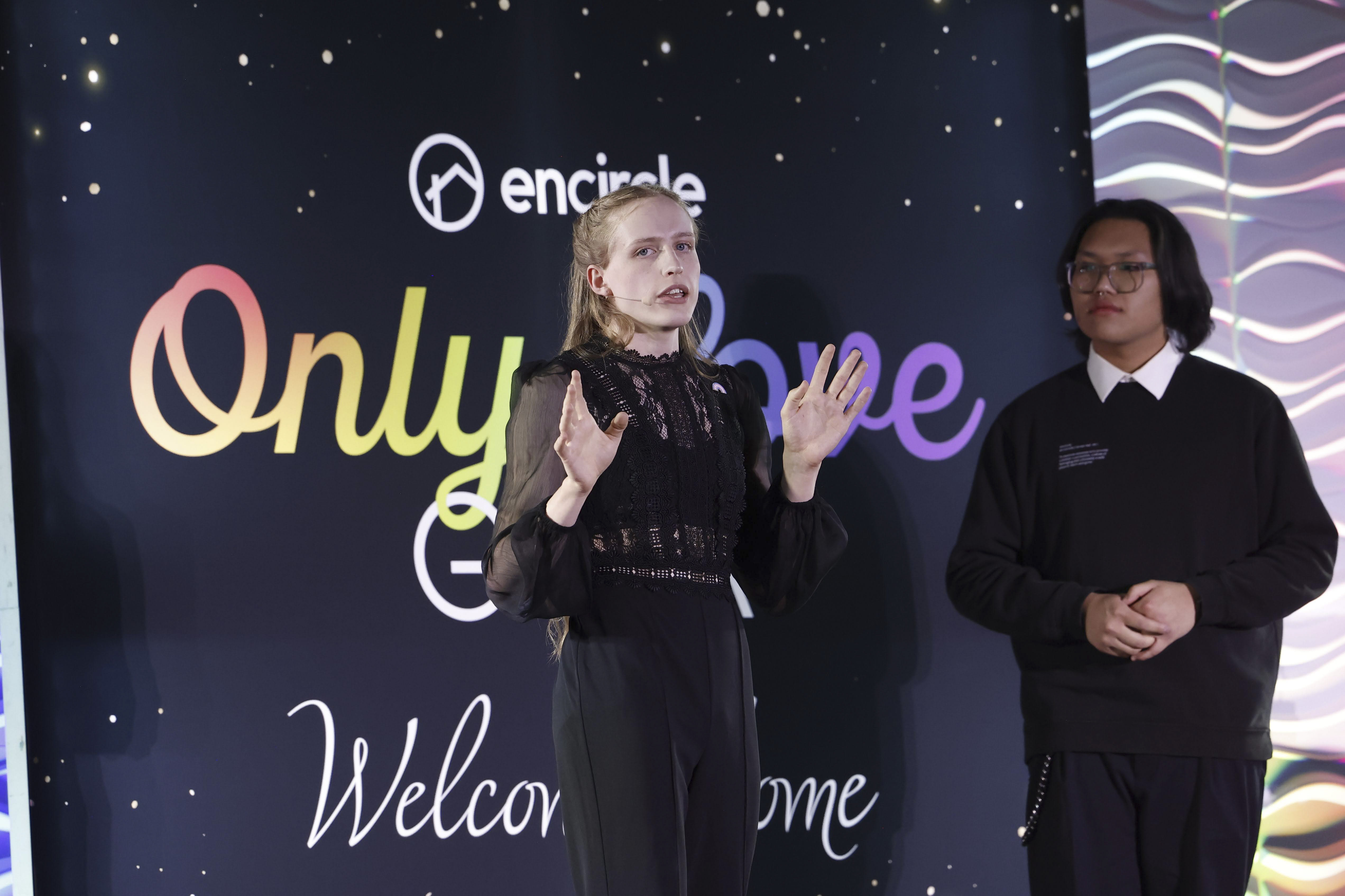 Eliza Diggins giving a speech at the Only Love Gala.